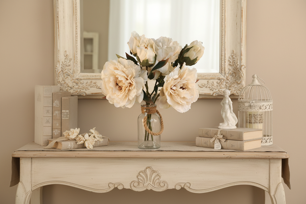 French country console table styled with cream ivory peony arrangement, antique mirror and shabby chic decor
