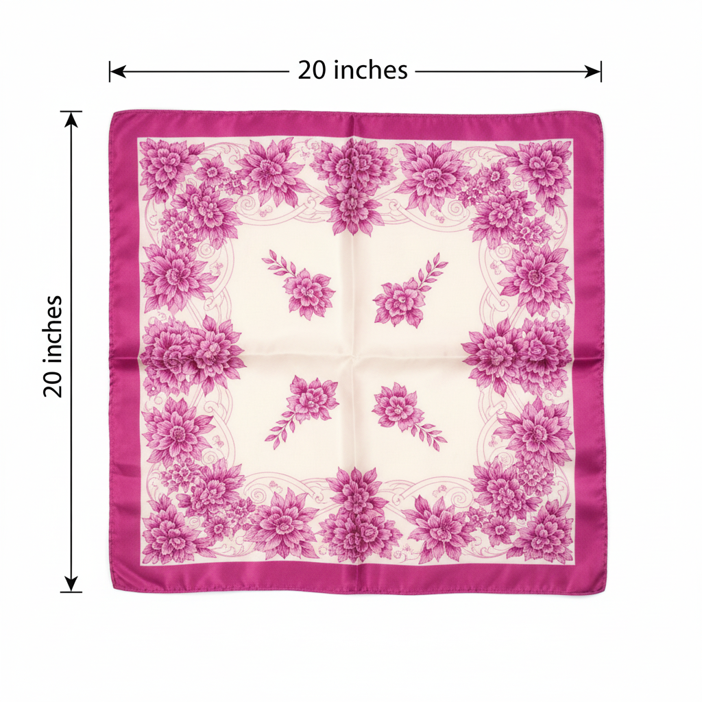 Magenta floral satin scarf measurement diagram showing 20x20 inch square dimensions