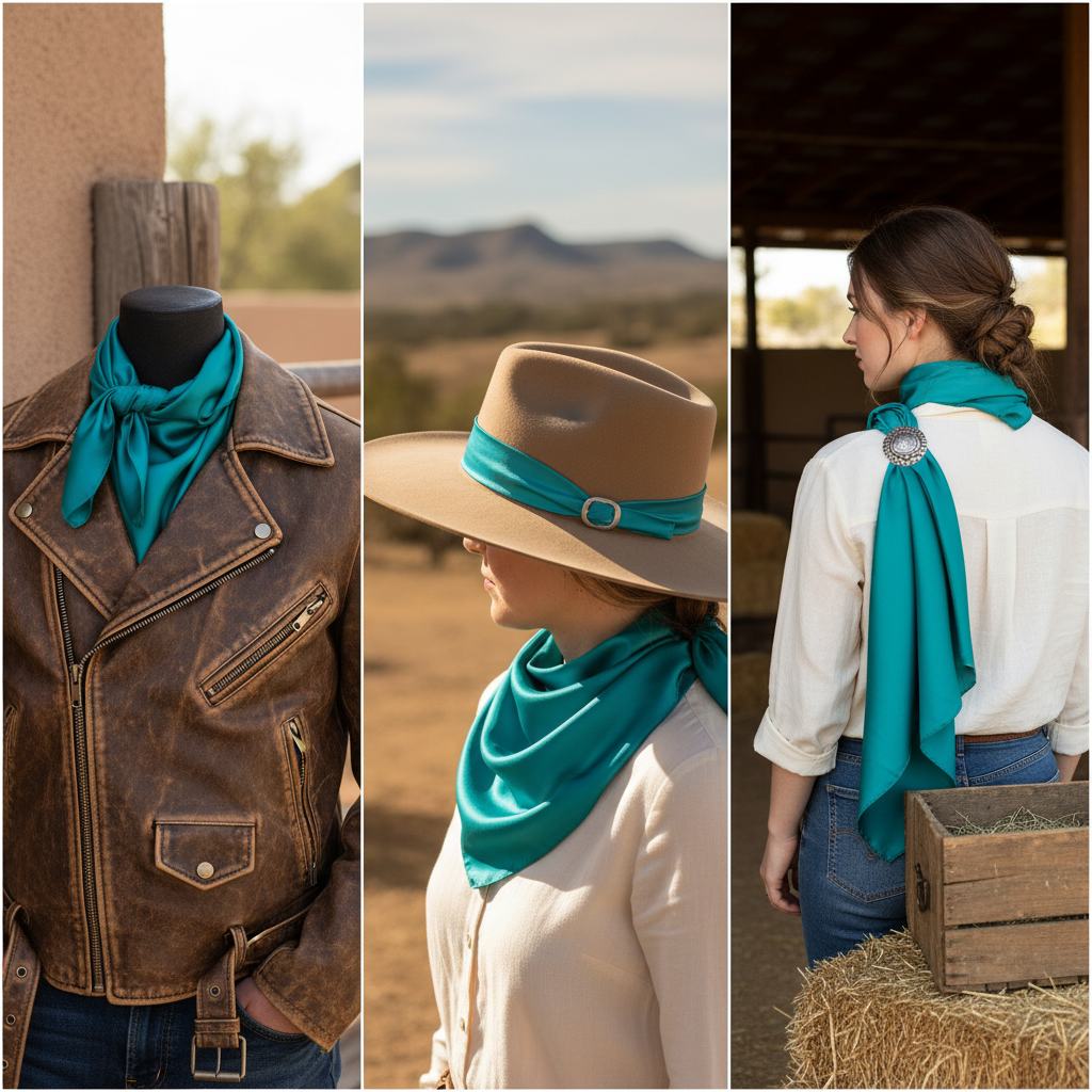 Multiple ways to style teal blue wild rag scarf - neck scarf, hat band, shoulder wrap