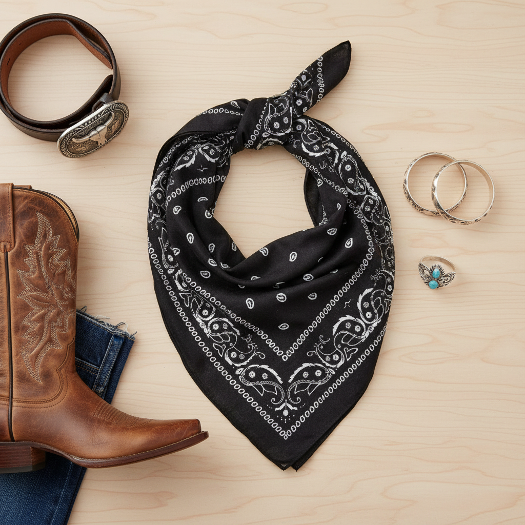 Black white paisley wild rag scarf styled flat lay with western accessories cowboy boots leather belt silver jewelry and denim