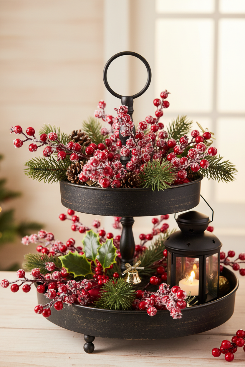 Frosted red berry picks with pine and holly on a two-tiered metal tray with lantern and ornaments for Christmas holiday styling