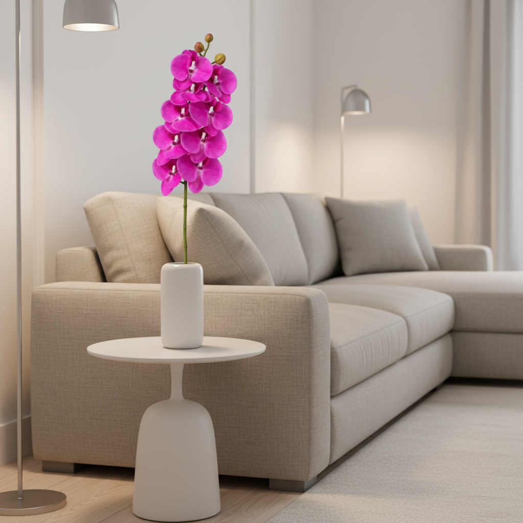 Vivid magenta-purple artificial orchid stem in a white ceramic vase on a modern side table, minimalist luxury living room decor