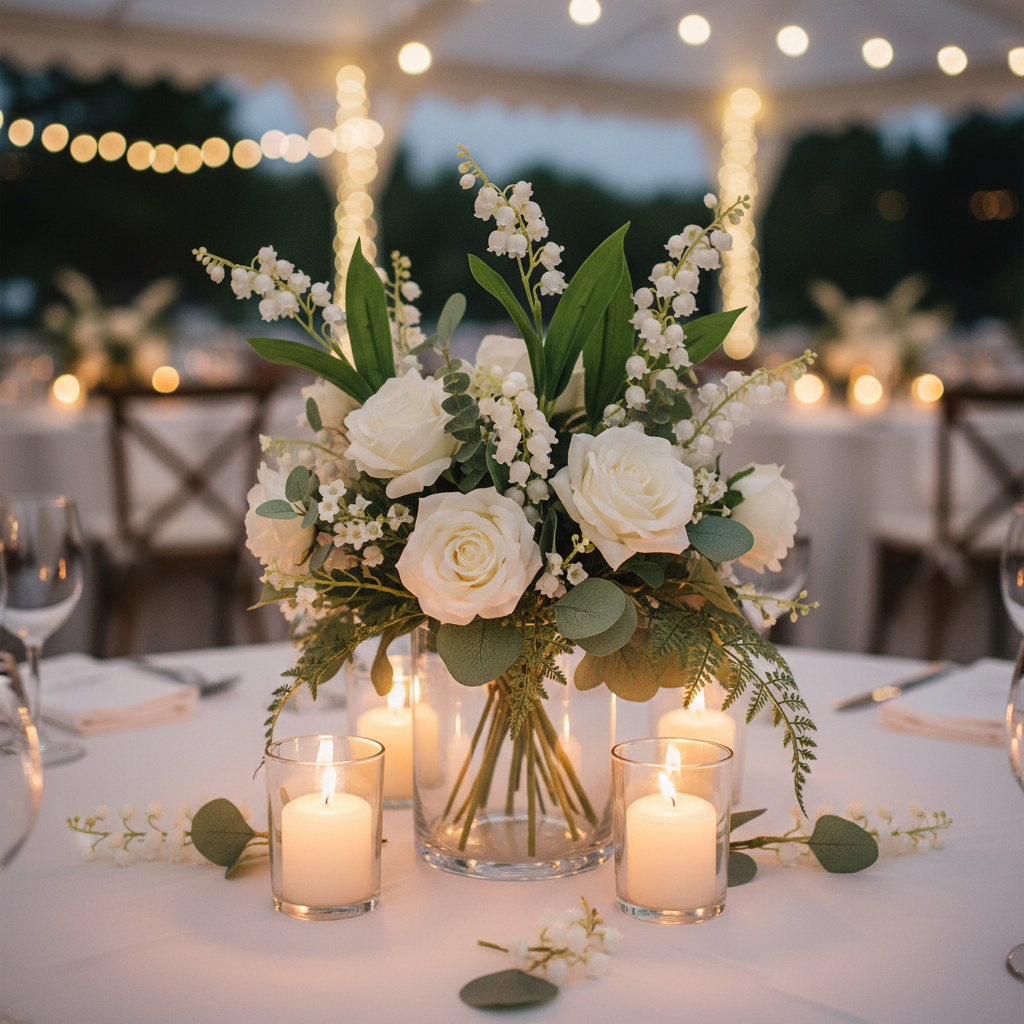 Artificial lily of the valley flowers arranged in elegant wedding table centerpiece with white roses and candles