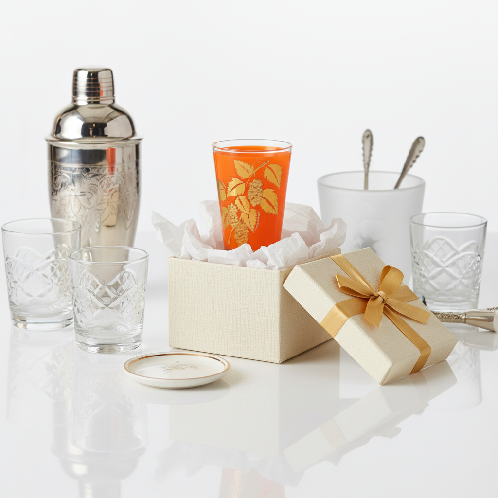 Vintage Libbey orange grape leaf tumbler in gift box display with vintage barware collectibles, mid-century replacement glass gift