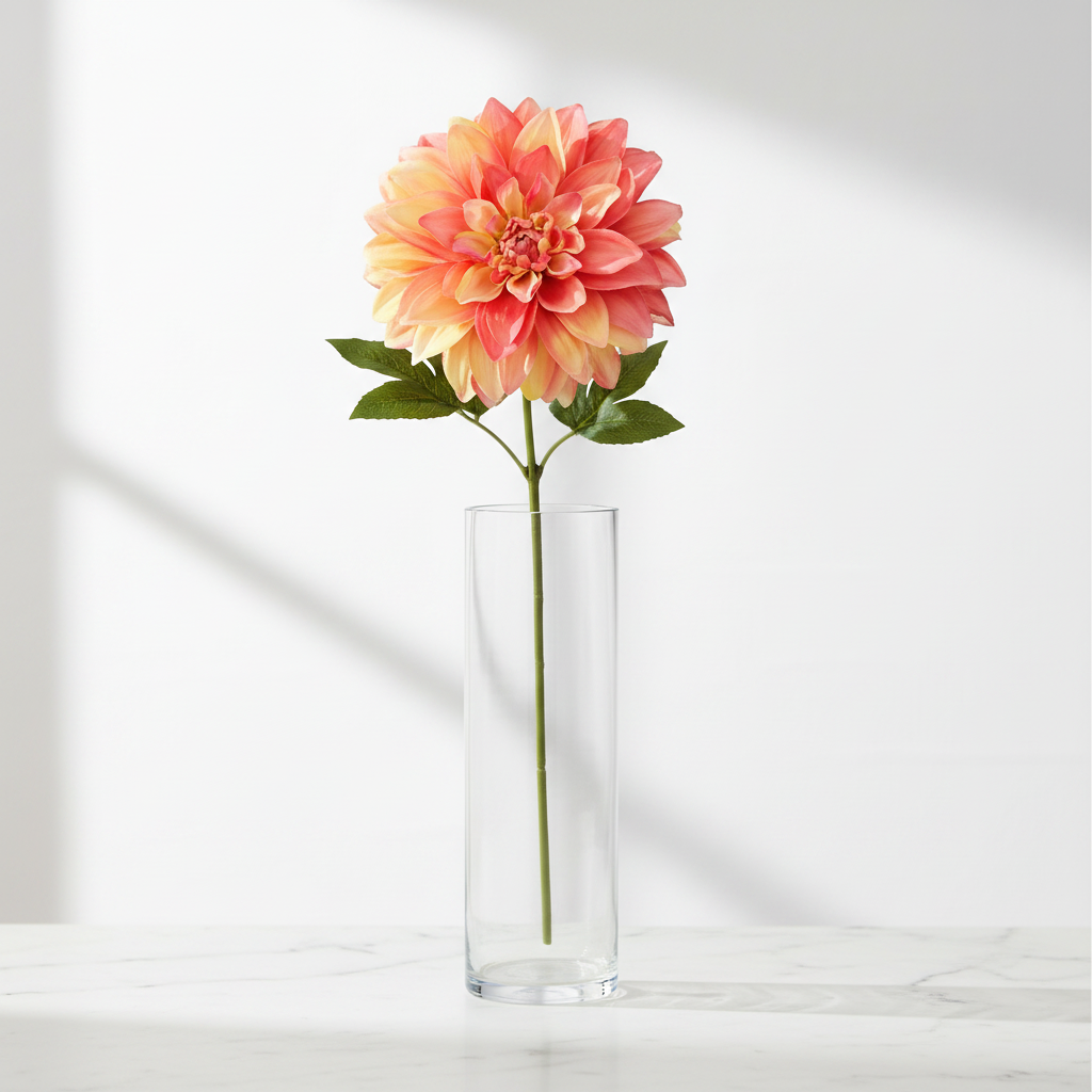Single coral and yellow dahlia faux flower stem in tall clear glass vase on white marble countertop