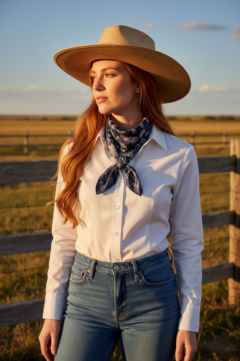 Woman with long auburn red hair wearing navy blue satin paisley wild rag tied snugly at the throat, in a white western shirt and straw hat at a golden hour ranch setting