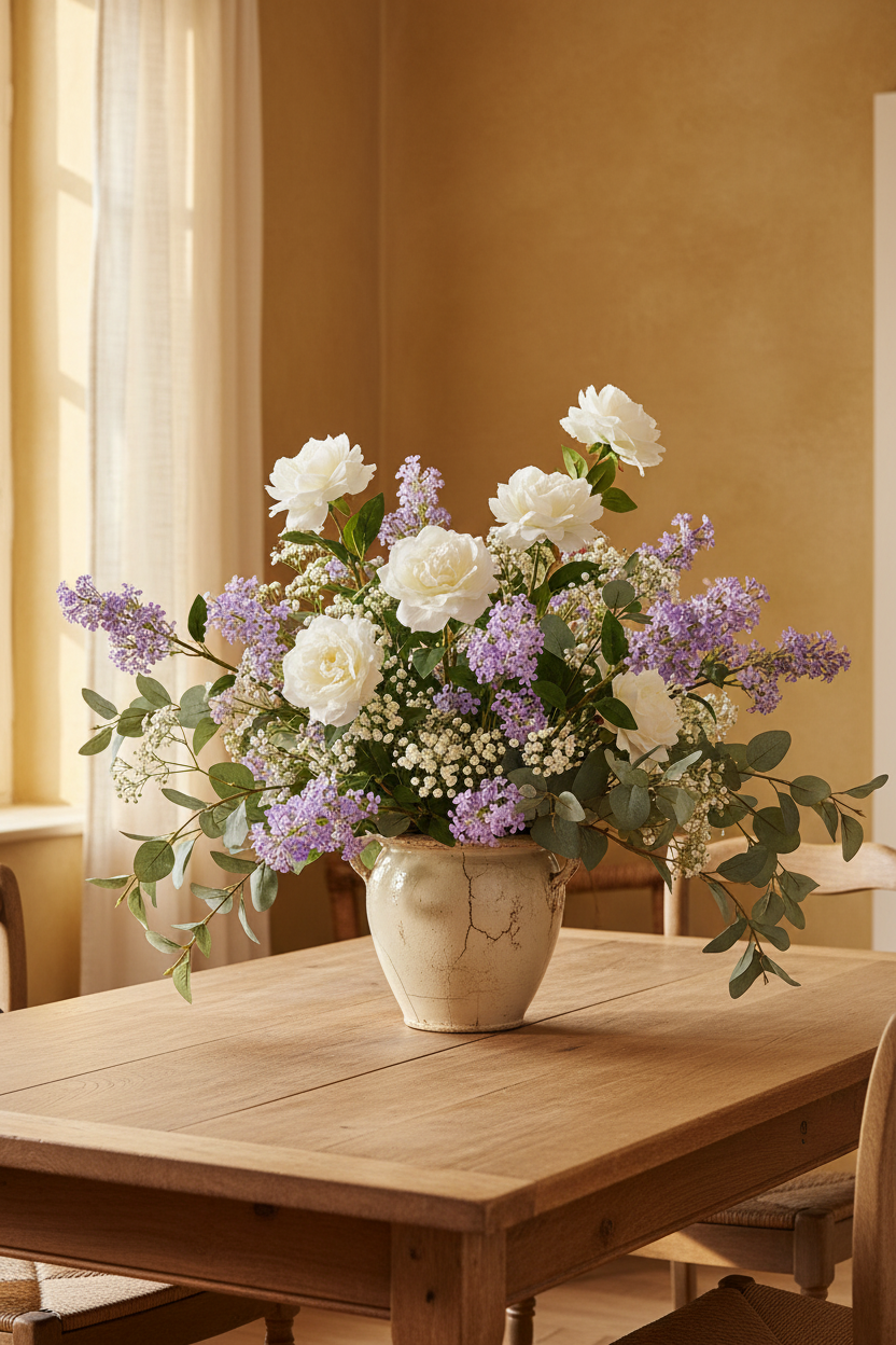 Artificial lavender lilac stems arranged in a French cottage Provence style arrangement with white roses and baby's breath