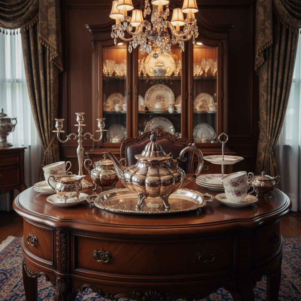 Vintage Reed & Barton silver plated teapot displayed on elegant wooden sideboard with traditional dining room decor