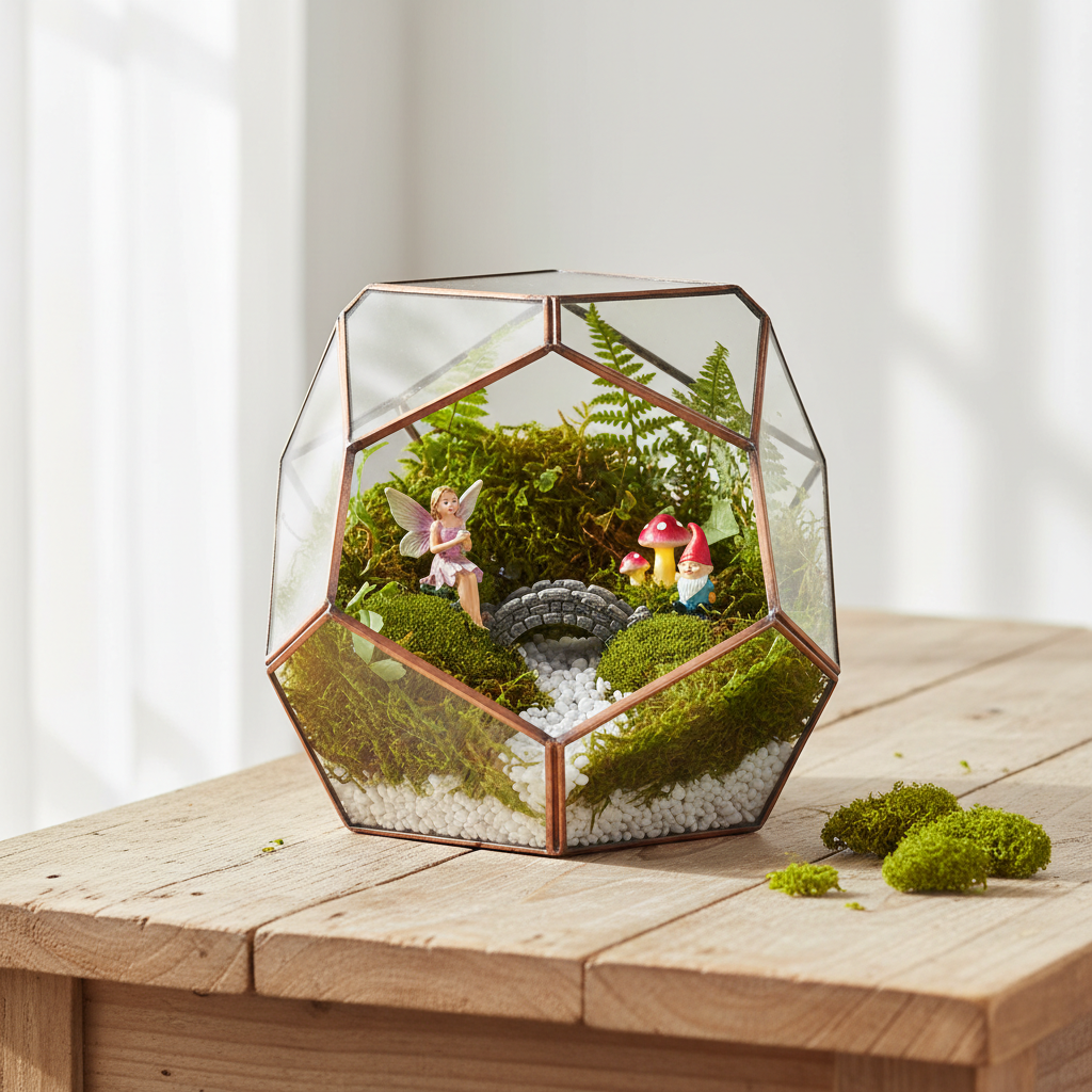 Glass terrarium filled with natural green dried moss and fairy garden figurines on a wooden table