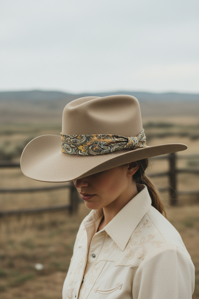 Woman wearing gold taupe paisley wild rag as hat band accent on cowboy hat, vintage western fashion outdoor lifestyle