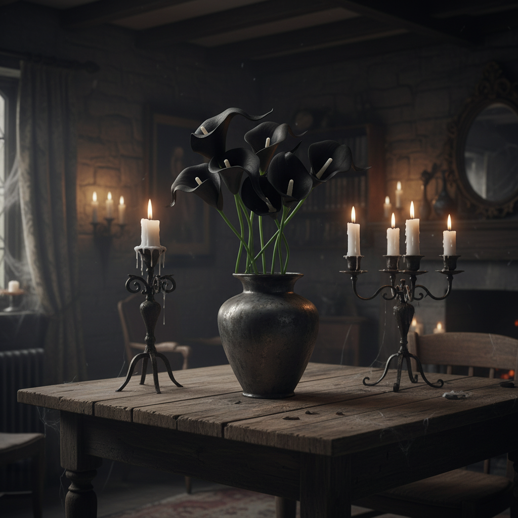 Black calla lily artificial flowers in dark ceramic vase with candlelight, gothic moody interior styling