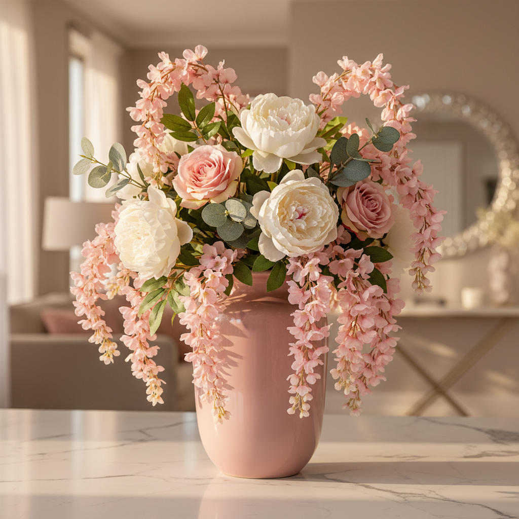 Artificial blush pink wisteria stem in a tall blush vase with white peonies, pink garden roses, and eucalyptus on a marble countertop