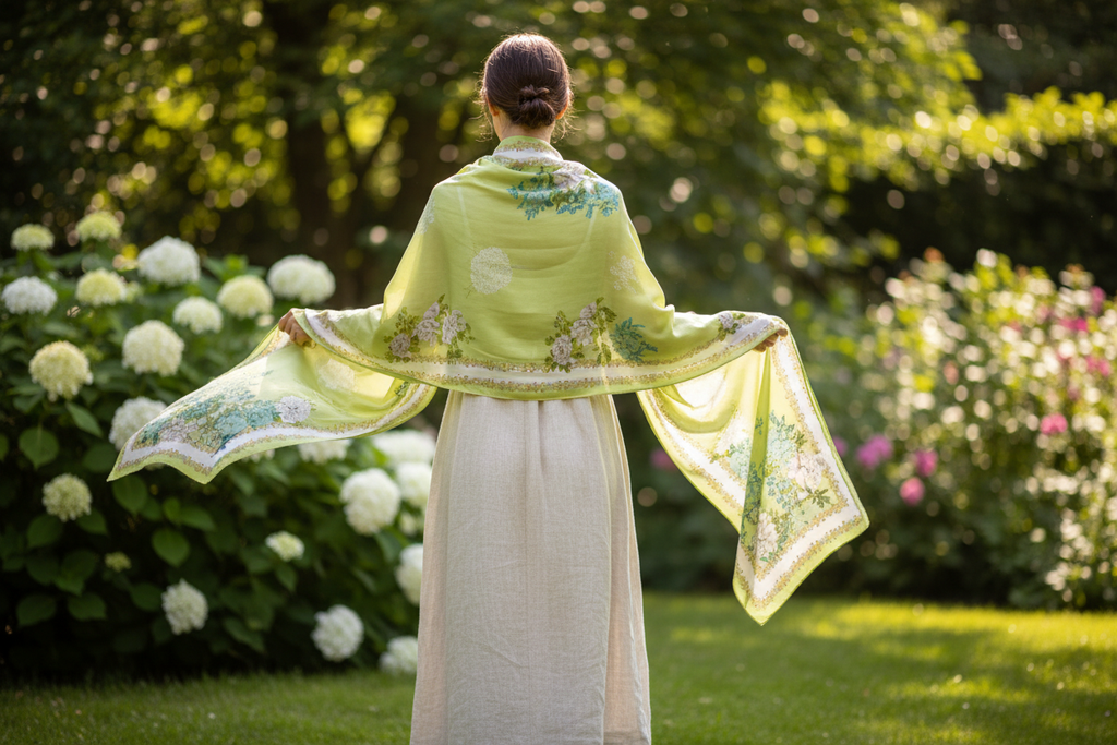 Green floral satin scarf draped over shoulders in summer garden setting, elegant lightweight shawl styling