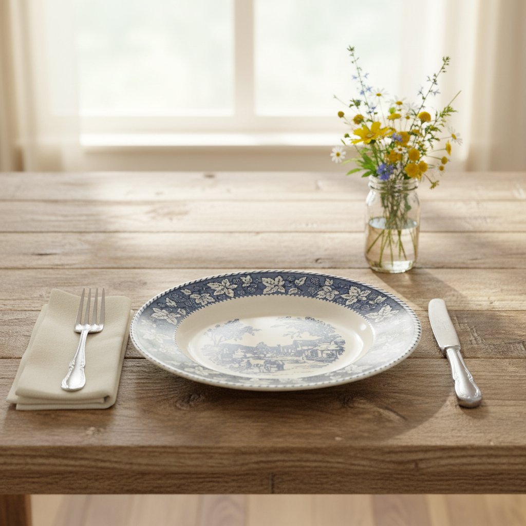 Vintage Homer Laughlin Shakespeare Country dinner plate styled in farmhouse table setting with linen napkin and wildflowers