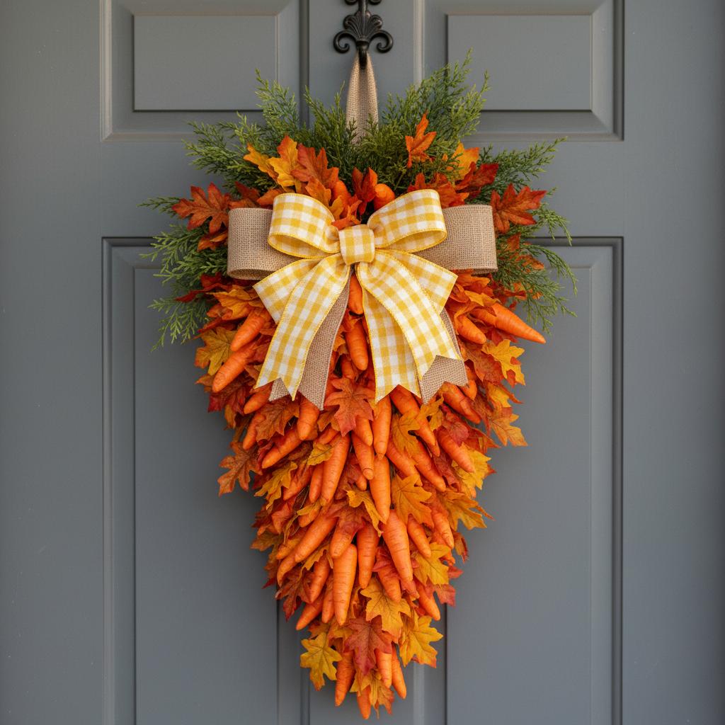 Carrot wreath with colorful fall leaves and yellow plaid bow on gray door - autumn harvest decoration
