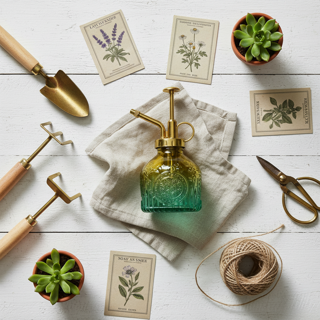 Flat lay of green yellow gradient glass plant mister with vintage gardening tools, twine, seed packets, and potted plants on white wood