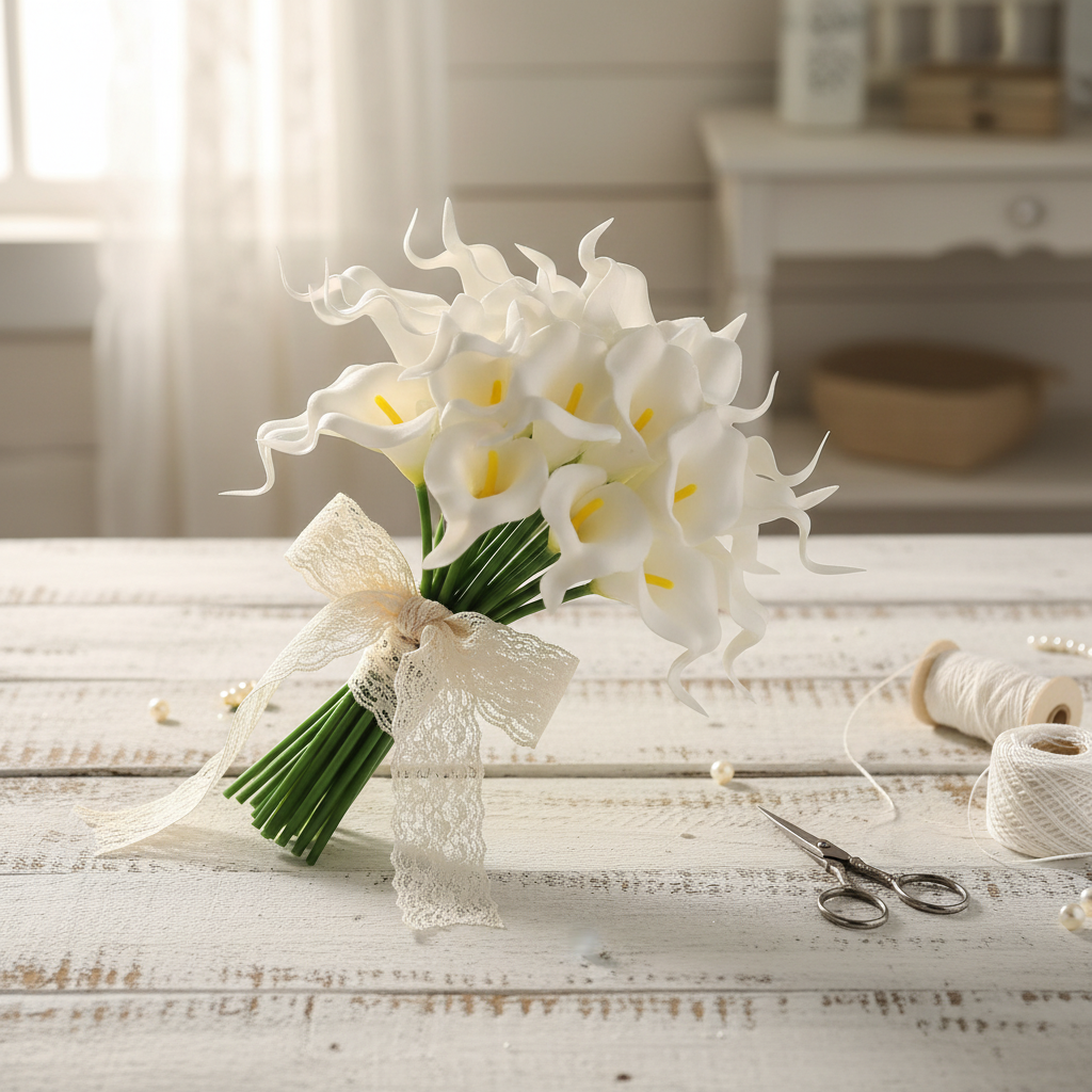 White faux calla lily stems bundled with lace ribbon on rustic white wood surface, DIY wedding craft styling