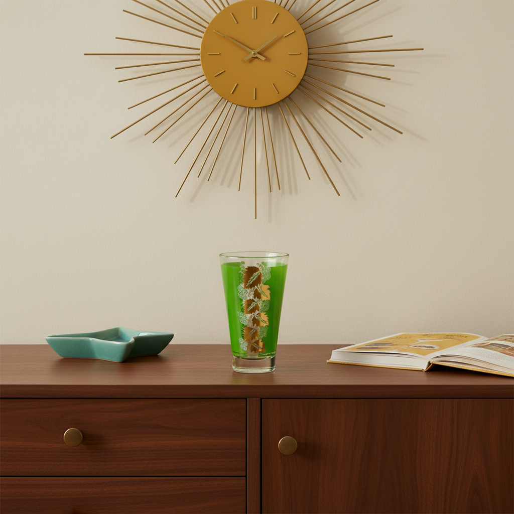 Vintage Libbey green grape leaf tumbler styled on a walnut mid-century modern sideboard with sunburst clock and atomic-age decor