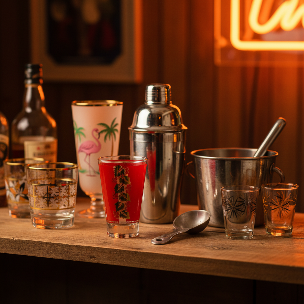 Vintage Libbey red grape leaf cocktail tumbler grouped with mid-century barware pieces on a rustic wooden bar shelf