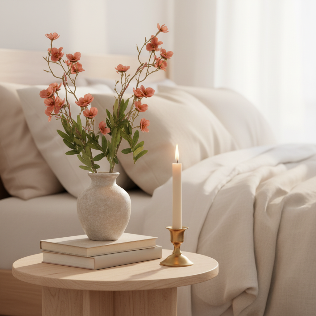 Artificial dusty rose terracotta dogwood stems in a small stone vase on a bedroom nightstand with soft linen bedding, stacked books, and gold candle holder