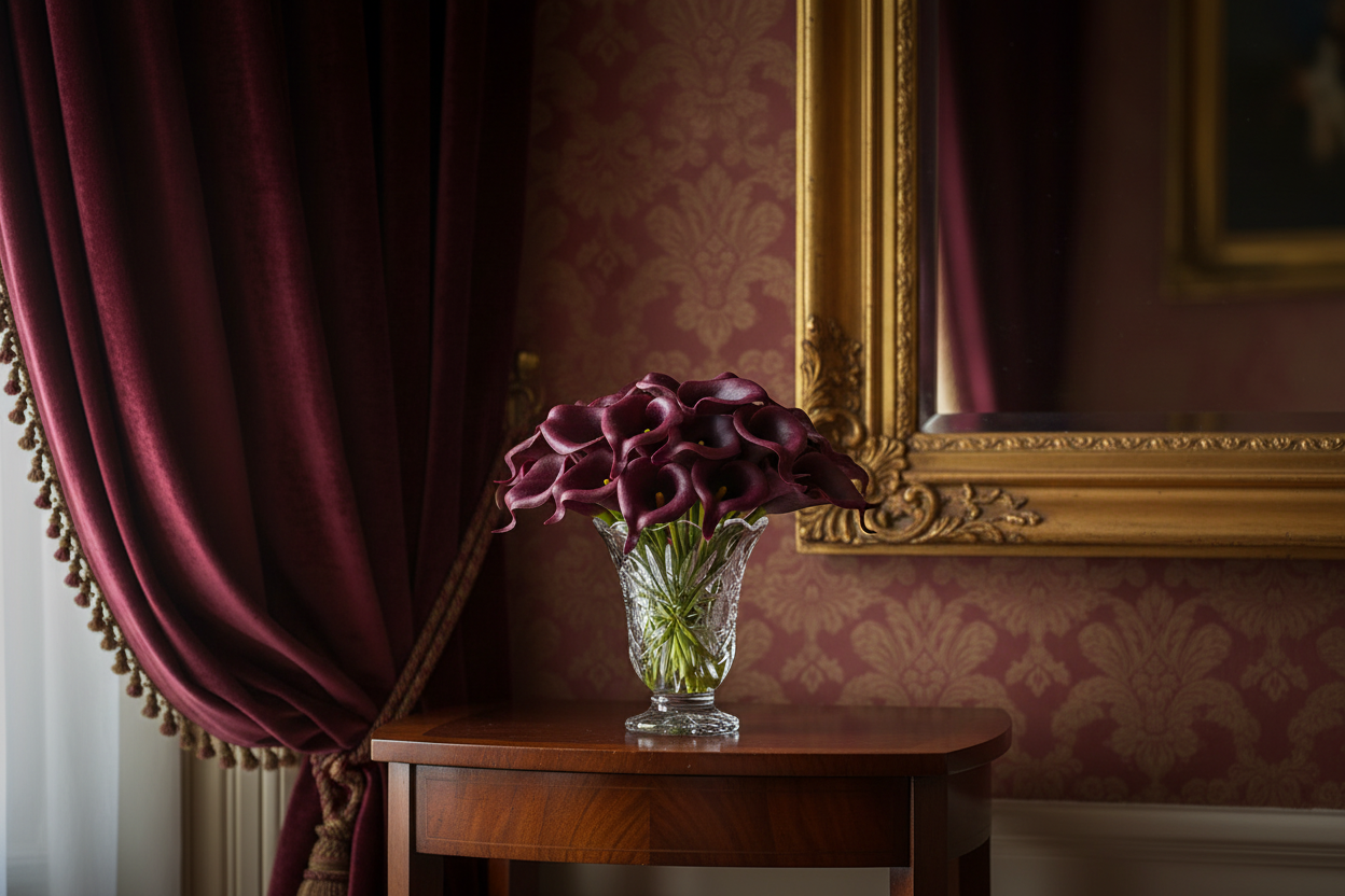 Dark burgundy faux calla lilies in ornate Victorian crystal vase on antique mahogany table with velvet drapes
