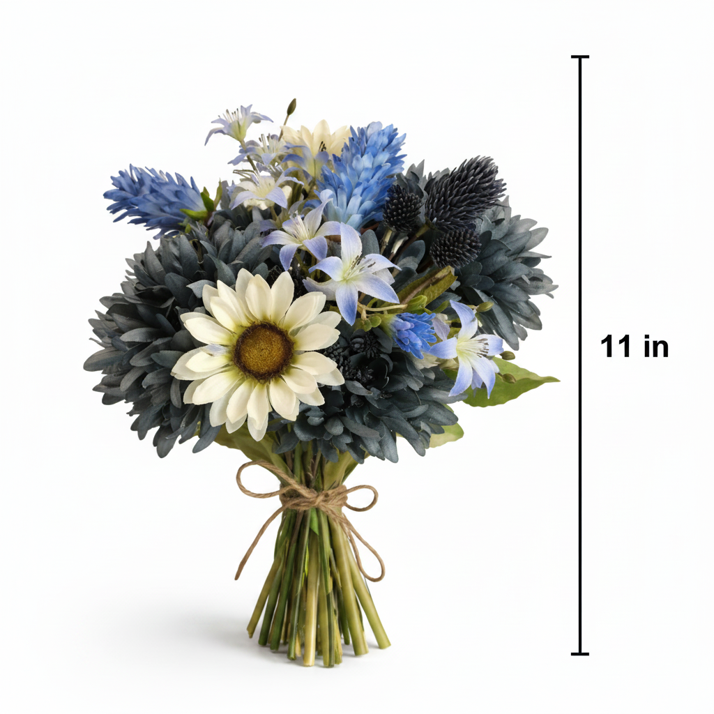 Artificial Blue Mum White Sunflower Faux Flower Bundle 11 Inch Height Measurement