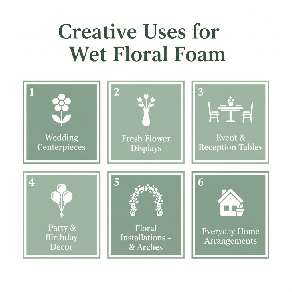 Creative uses infographic for wet floral foam blocks showing 6 ideas: wedding centerpieces, fresh flower displays, event tables, party decor, floral installations, and home arrangements