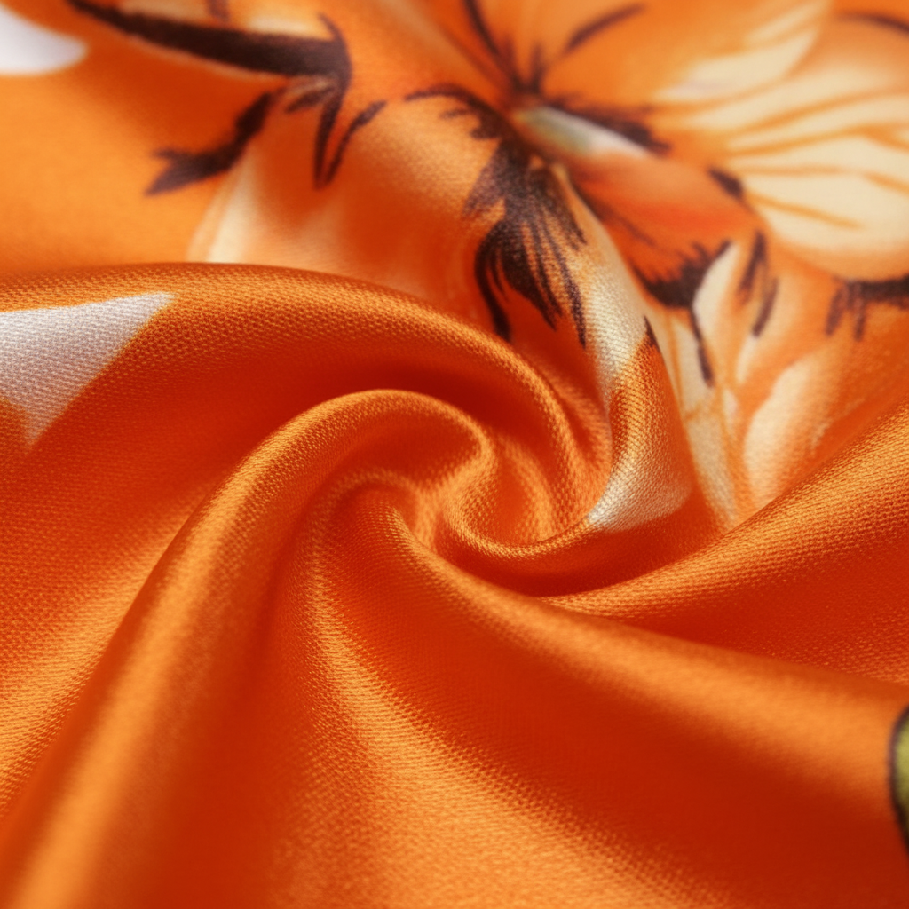 Close Up Detail of Orange Satin Fabric Texture Polyester Material Quality