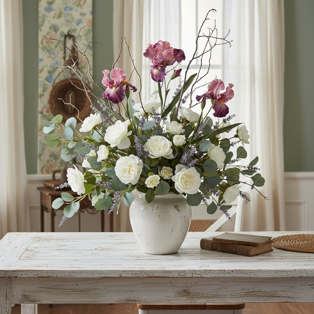 Cottage farmhouse floral arrangement with layered purple iris, white roses, lavender, dried twigs, and eucalyptus in vintage white vase