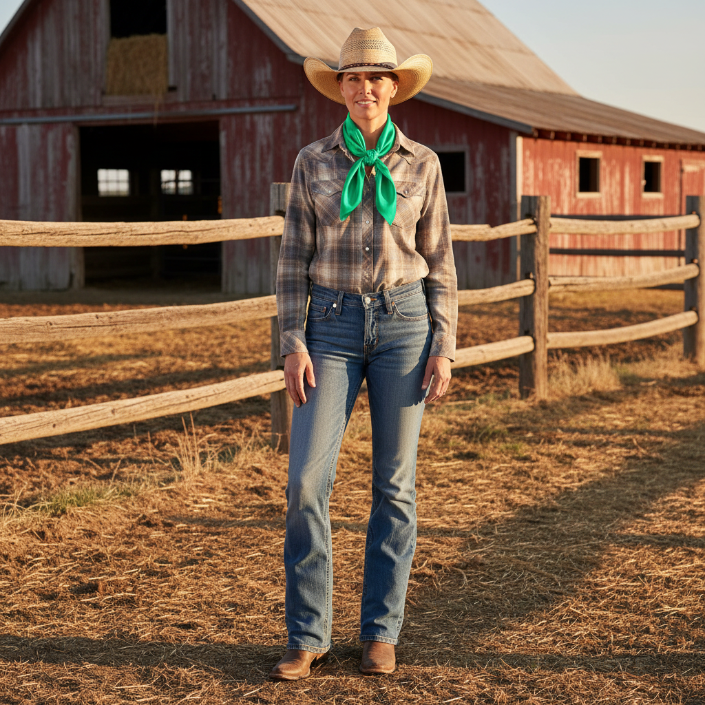 Woman wearing jade green wild rag scarf in traditional cowboy style at ranch with western wear and boots