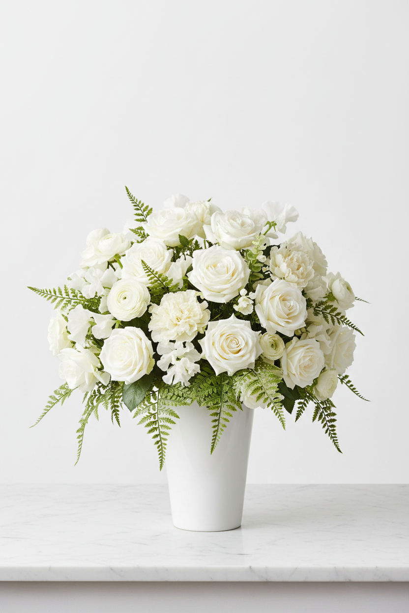 Luxury editorial floral arrangement with white garden roses, ranunculus, and artificial fern leaf greenery picks in a sleek white ceramic vase on a white marble surface
