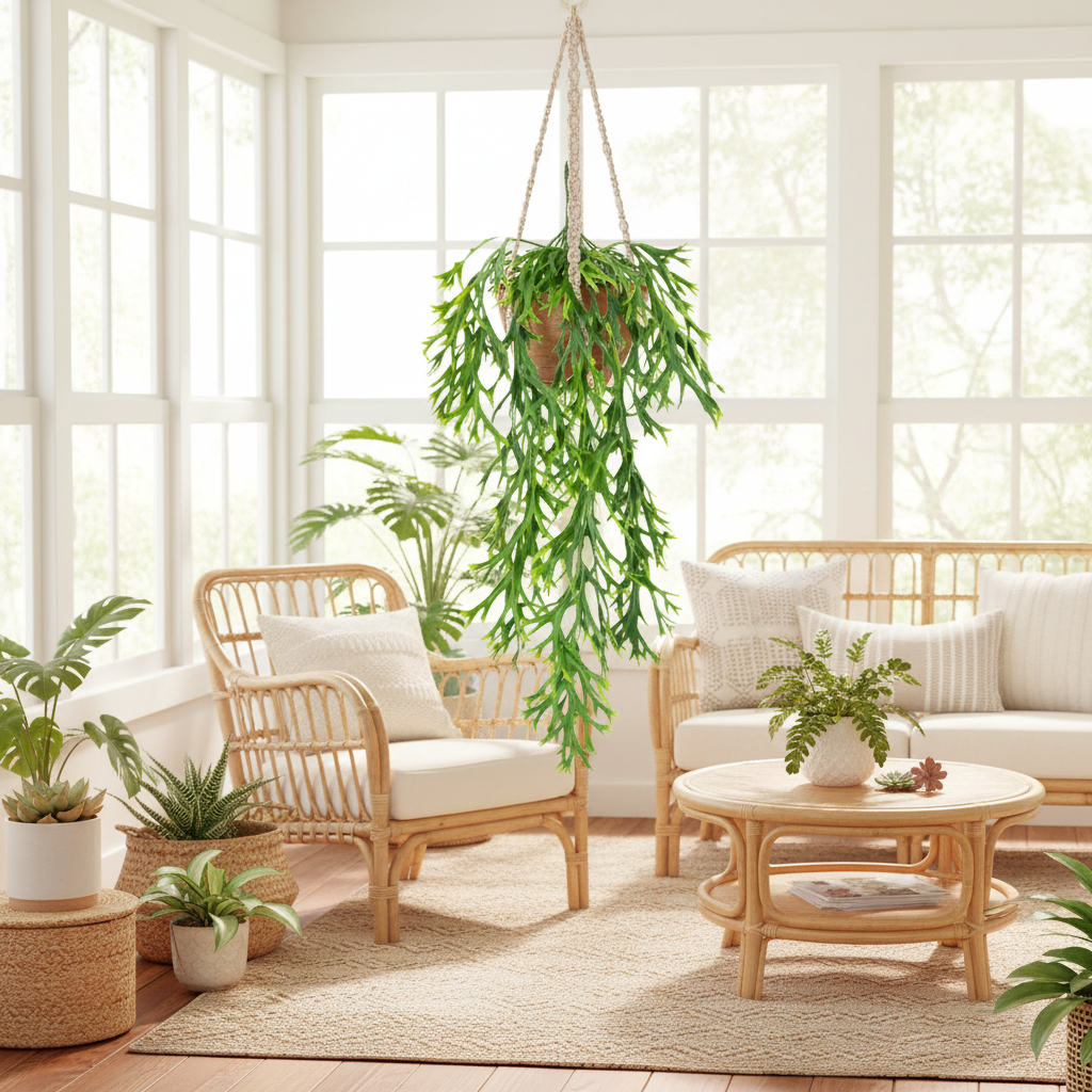 Bright green artificial staghorn fern hanging from ceiling hook in boho sunroom - faux cascading greenery wall decor