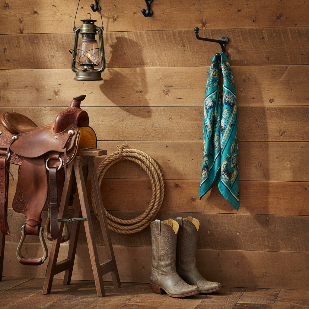 Vintage black iron western harness wall hook styled in a rustic farmhouse home with teal satin southwestern scarf draped over hook, leather saddle, coiled rope, lantern, and cowboy boots
