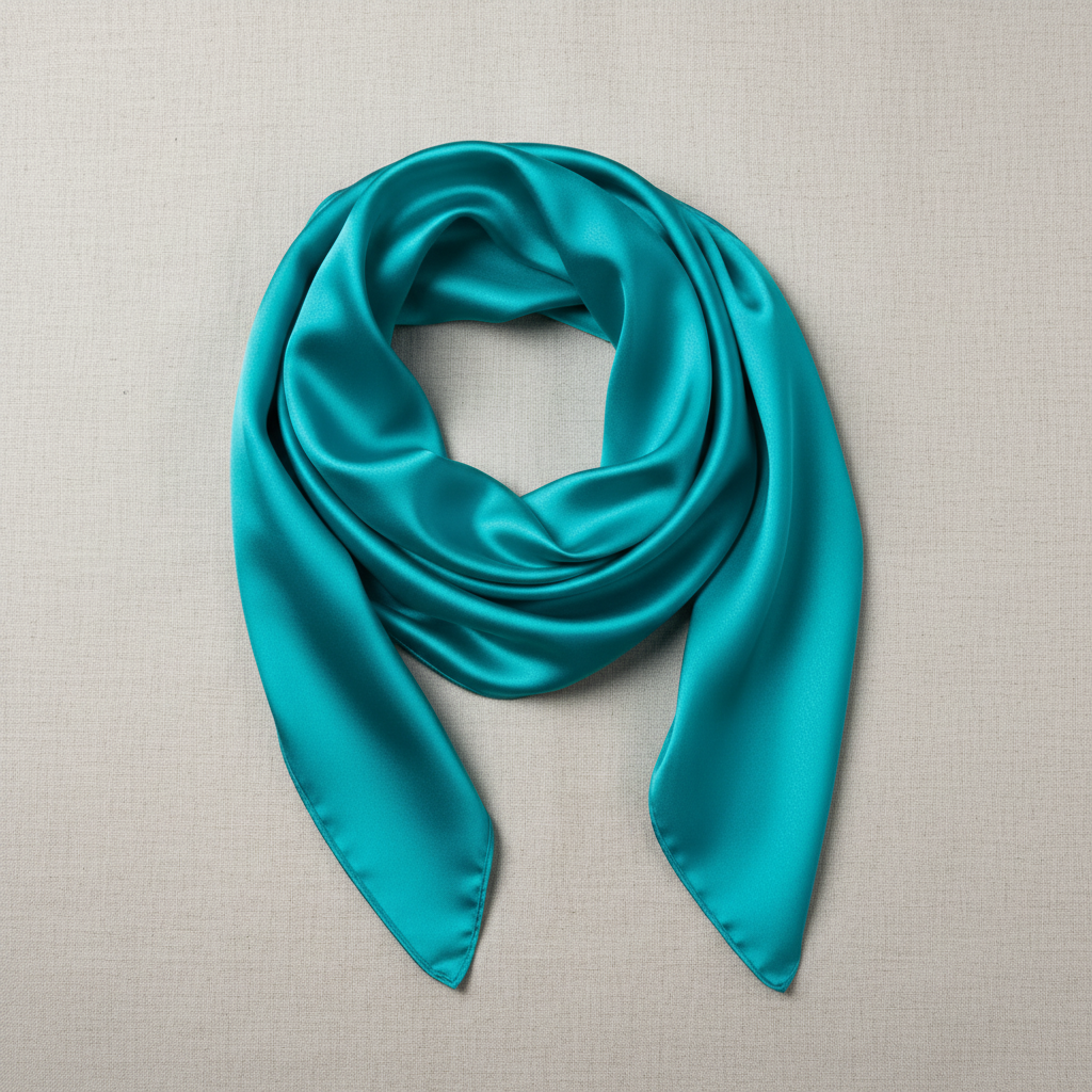 Teal blue wild rag scarf draped on linen background showing fabric flow and texture