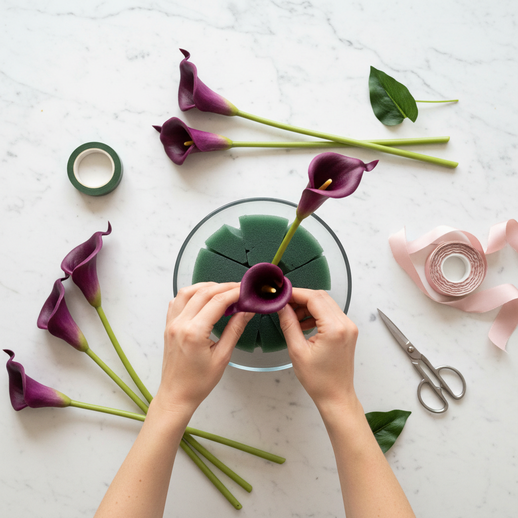 Overhead flat lay of hands arranging artificial purple calla lilies into a DIY floral centerpiece with scissors, floral tape, and ribbon on white marble