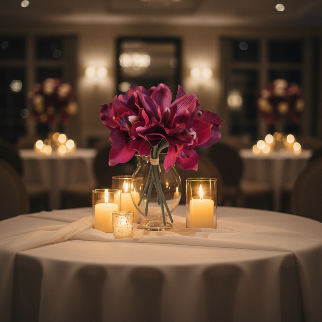 Mulberry pink artificial Cymbidium orchid bouquet as romantic wedding table centerpiece with candles