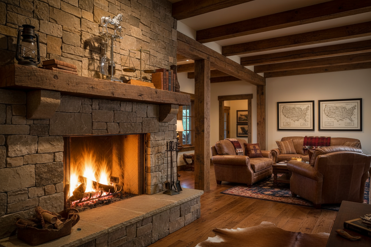 Compact 19.5 inch vintage chrome horse fireplace tool set displayed on rustic wood mantel in Western ranch interior with leather furniture and warm lighting