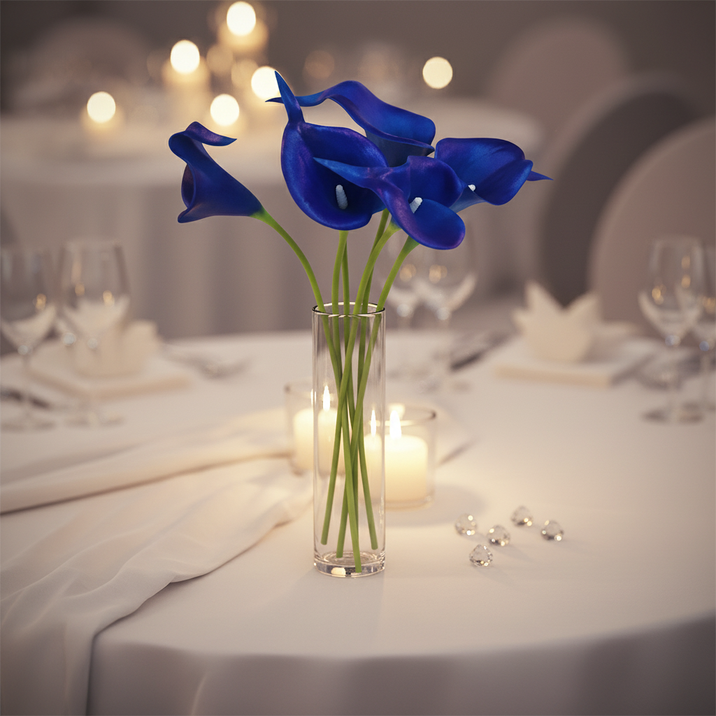 Cobalt blue artificial calla lily centerpiece on elegant white wedding table