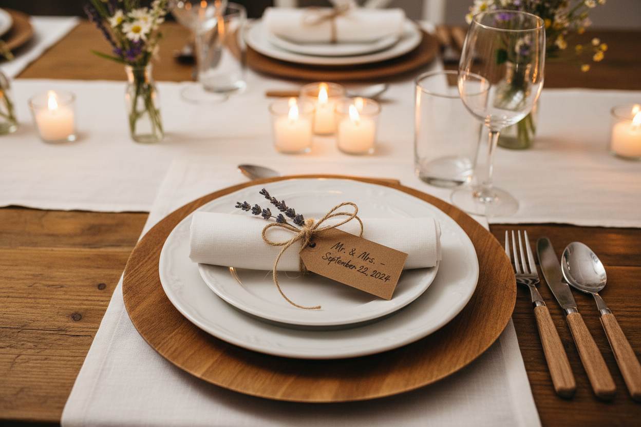 Rustic wedding table place setting with kraft paper gift tag tied with natural jute twine and dried lavender sprig on a linen napkin roll with candlelight