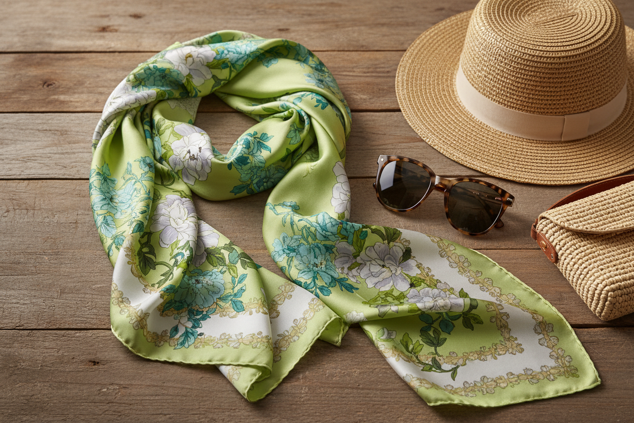 Green floral satin scarf flatlay with summer accessories, elegant product styling on rustic wood