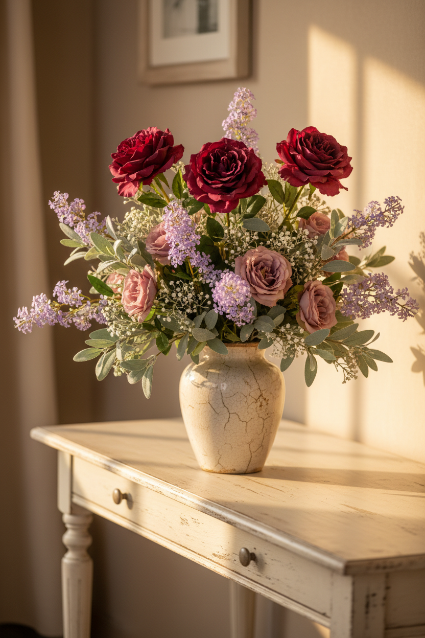 Artificial purple lilac stems arranged with deep burgundy roses and dusty mauve lisianthus in aged cream vase on French country console table