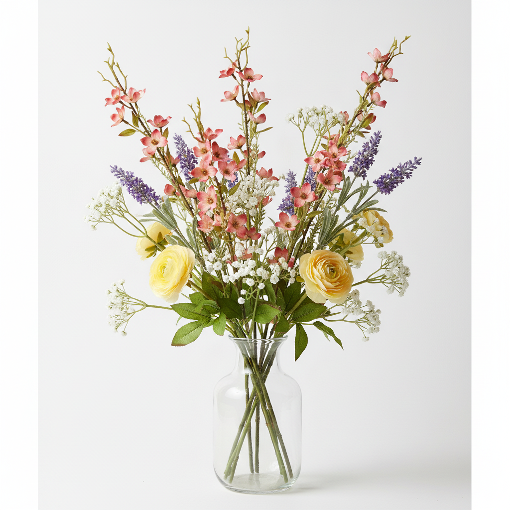 Artificial two-tone pink dogwood stems in spring wildflower arrangement with lavender, baby's breath, and yellow ranunculus