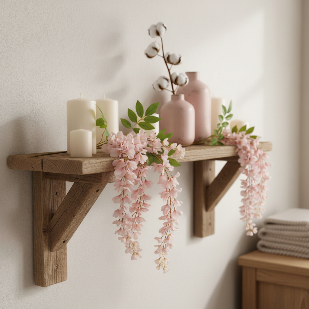 Artificial blush pink wisteria stem draped over a rustic wooden shelf with white candles, blush ceramic vases, and dried cotton stems