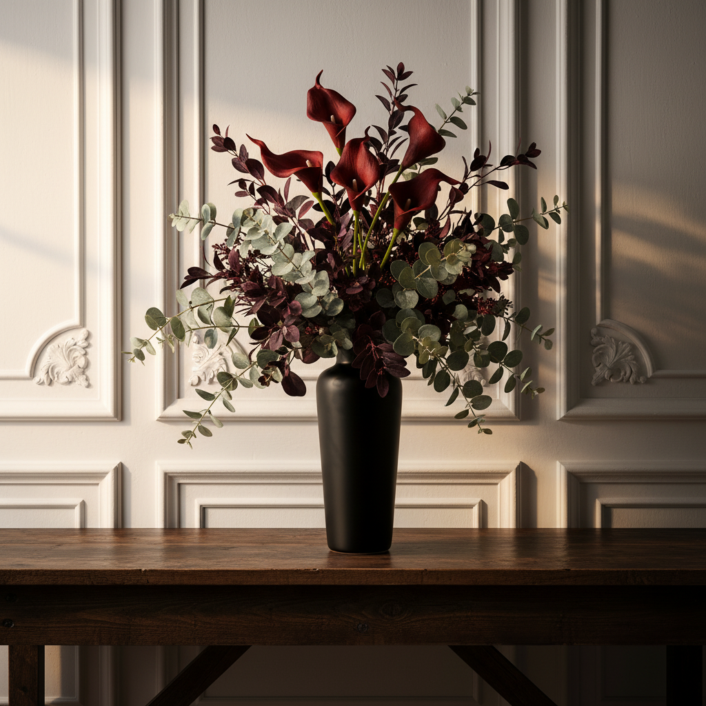 Burgundy faux calla lily stems in a tall black ceramic vase on a dark wood console table mixed with silver dollar eucalyptus and burgundy foliage, gothic home decor styling