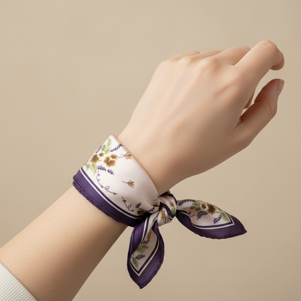 Blush pink and purple floral satin scarf wrapped around wrist as bracelet-style accessory