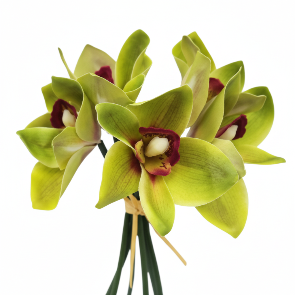 Close-up detail of artificial green cymbidium orchid blooms showing real touch petals and deep burgundy centers