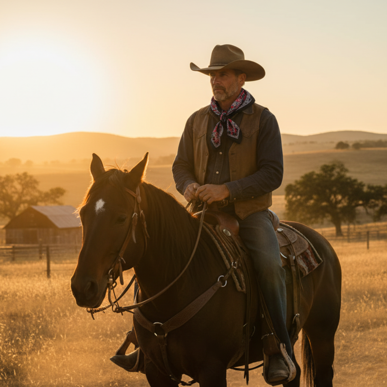 Cowboy wearing black and red wild rag scarf in traditional style on horseback at sunset