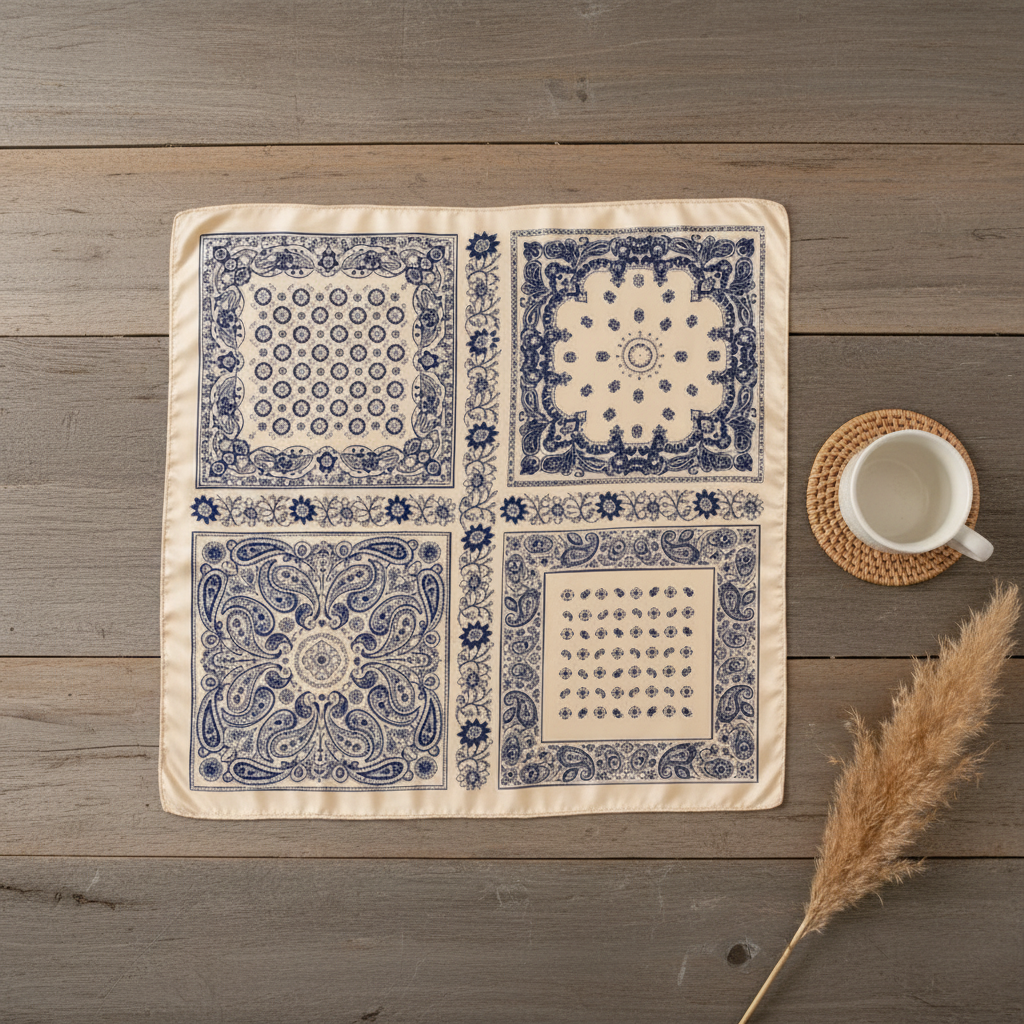 Beige and navy blue paisley bandana square scarf laid flat open on weathered wood surface showing four-quadrant pattern with minimal boho props