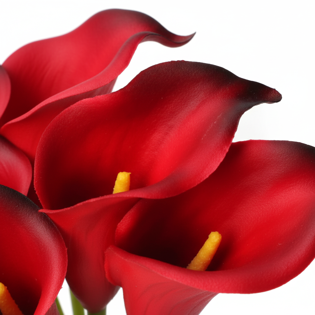 Close-up of cherry red real touch artificial calla lily petals showing vivid red color with dramatic black tips and edges