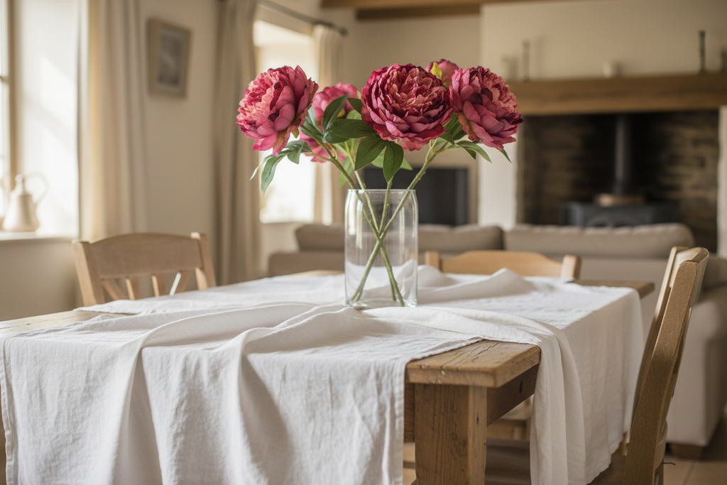 Farmhouse dining table with rose pink peony stems with burgundy tips in glass vase with white linen and natural light
